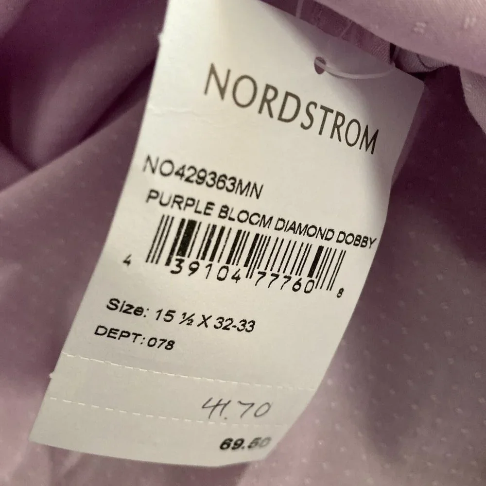 Nordstrom Shirt Mens Size 15.5 32-33 Non Iron Purple Bloom Diamond Dobby